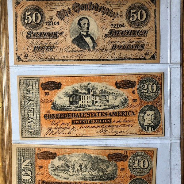 Facsimile confederate three denominations 50/20/10 dollar bills.