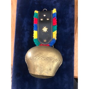 Vintage Swiss Brass Cow Bell With Leather Strap & Multicolor Wool Decoration