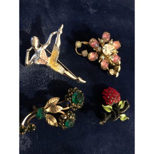 Ballet Dancer Gold-Tone & Rhinestone Brooch Pins