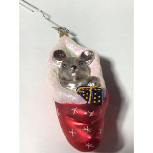 1998 Christopher Radko Cozylines Glass Ornament Mouse In Stocking Collectible Handmade