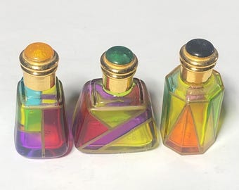 Juego de 3 frascos de perfume vintage de cristal veneciano con tapones dorados