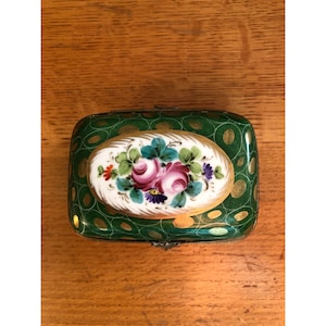 Vintage Limoges France Porcelain Trinket Box Green With Floral