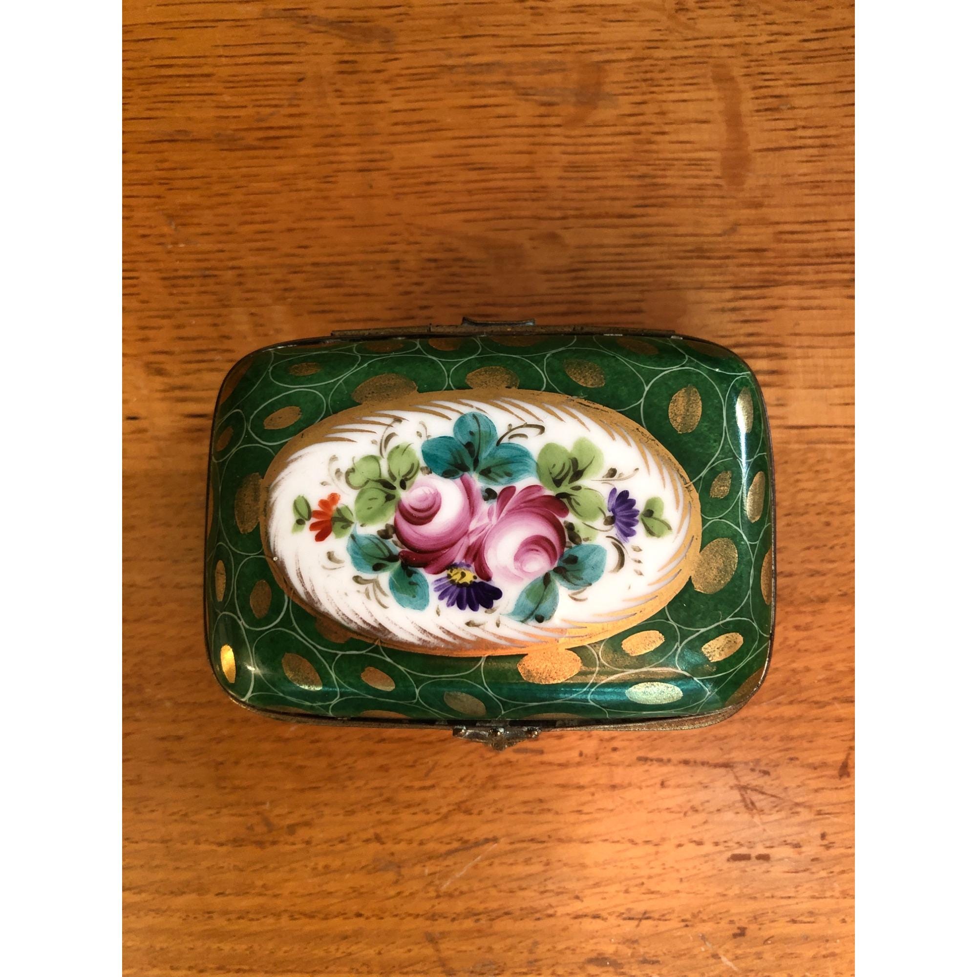 Vintage Limoges France Porcelain Trinket Box Green With Floral