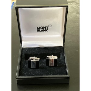 Montblanc Mens Silver & Black Rectangular Cufflinks In Original Box