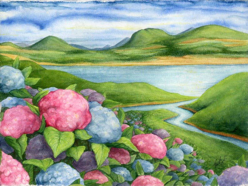 Hydrangea Covered Rivers Hydrangea Landscape Watercolor Fine Art Print - Etsy