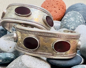 Antique (Vintage) Silver Central Asian (Tekke Turkoman) Gold-washed & Carnelian Bracelets