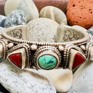 Antique (Vintage) Silver Tibetan Turquoise & Coral Bracelet | Handmade in Nepal