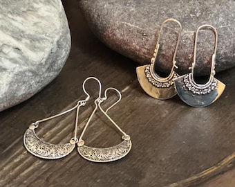 Sterling Silver Hanging Filigree Arc Earrings | Made in Nepal