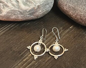 Sterling Silver Indian Orb & Pearl Earrings | Handmade in Nepal