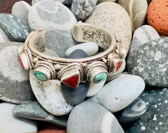 Antique (Vintage) Silver Tibetan Turquoise & Coral Bracelet | Handmade in Nepal