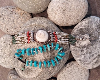 Sterling Silver, Himalayan Shell & Freshwater Pearl Antique Bracelet | Handmade in Nepal