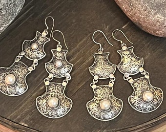 Sterling Silver & Pearl Hanging Double Filigree Earrings | Handmade in Nepal