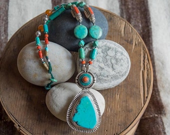 Sterling Silver Tibetan Turquoise & Coral Necklace | Handmade in Nepal
