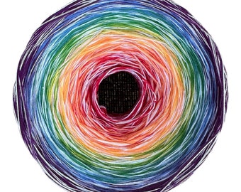 May include: A vibrant, circular skein of yarn in a rainbow of colors, including purple, blue, green, yellow, orange, and red. The yarn is tightly wound, creating a gradient effect from the center outward. The center is a dark, textured hole.