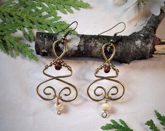 Bone Detail Balance Leaf Upcycled Boho Brass Wood Earrings