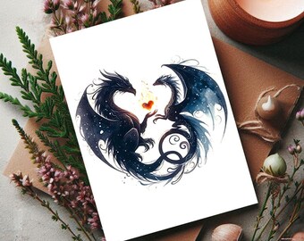 Dragon Love Card – Fantasy Romance, leesgrage cadeau, quote I Burn For You (pdf-afdruk)