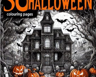 May include: A Halloween-themed coloring book cover with the text "50 HALLOWEEN coloring pages." The image features a spooky haunted house, jack-o'-lanterns, bats, and a full moon, all in shades of black, white, and orange.