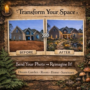 May include: An image illustrating a home makeover with a "Before" and "After" comparison of a house. The text "Transform Your Space" is at the top. The bottom section reads "Send Your Photo → Reimagine It!" with keywords: Dream Garden, Room, Home, Sanctuary.