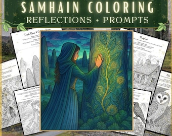 Op de afbeelding: Een digitale kunstprint getiteld "Samhain Coloring: Reflections + Prompts" met een vrouw in een groene capuchon die een boom met bladmotieven aanraakt. Omringende pagina's bevatten lijntekeningen van gebouwen, uilen en tekst. De tekst luidt "Printbaar PDF voor ontspanning en genezing."