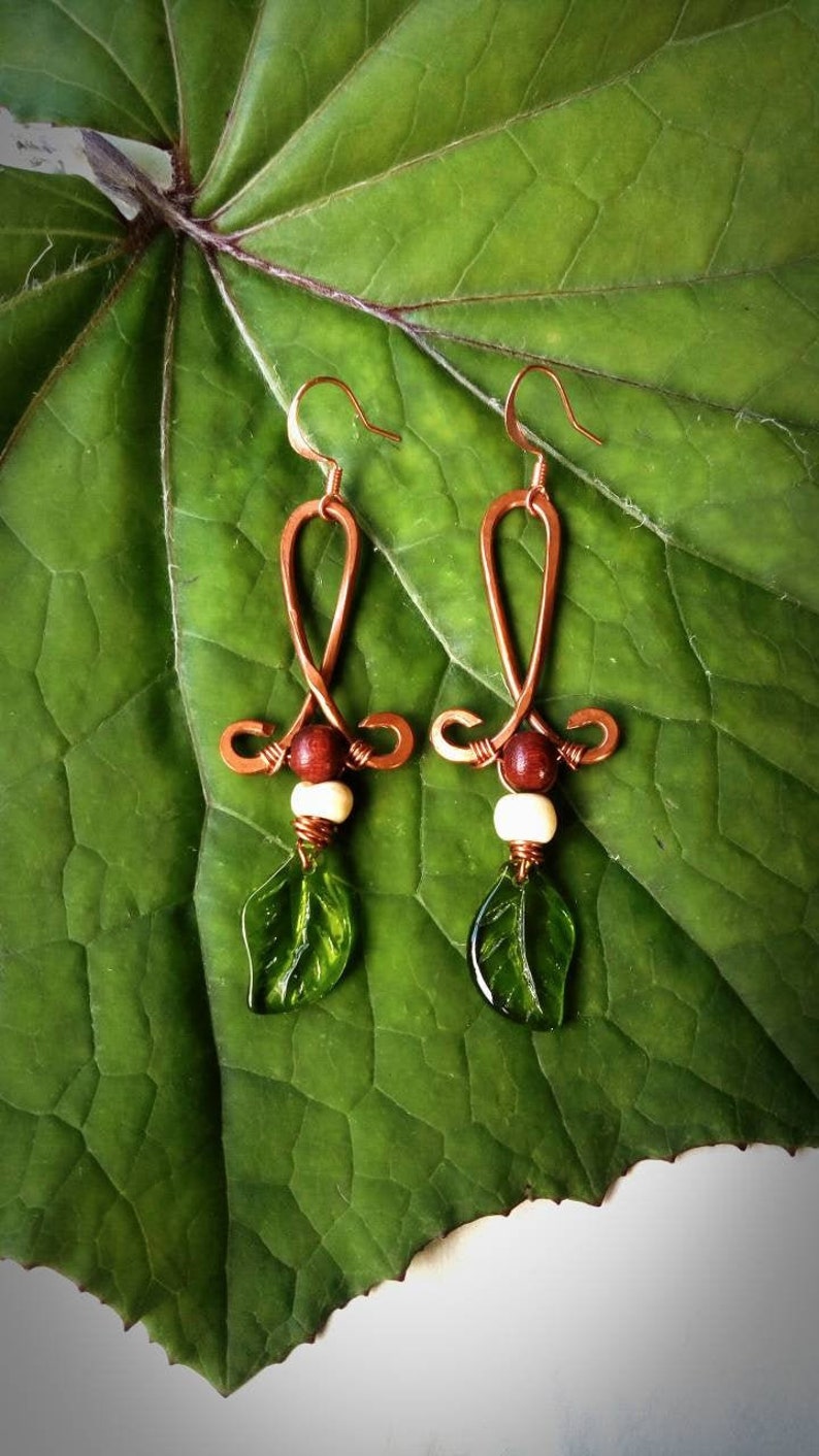 Bone Detail Balance Leaf Upcycled Boho Brass Wood Earrings