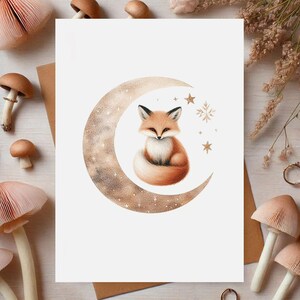 Red Fox & Moon Greeting Card - Printable Woodland Design - Easy Download - Blank Animal Greeting Card