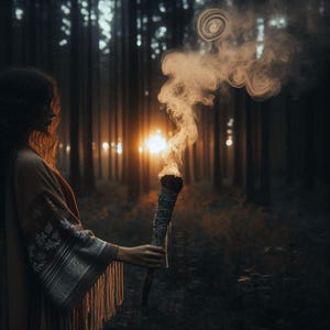Puede incluir: Una persona en un bosque sostiene un palo de humo encendido, liberando humo fragante. La escena está iluminada por el sol poniente, creando una atmósfera mística. La persona lleva un chal con flecos. El bosque es oscuro con un brillo cálido.