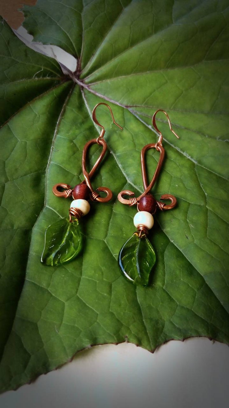 Bone Detail Balance Leaf Upcycled Boho Brass Wood Earrings