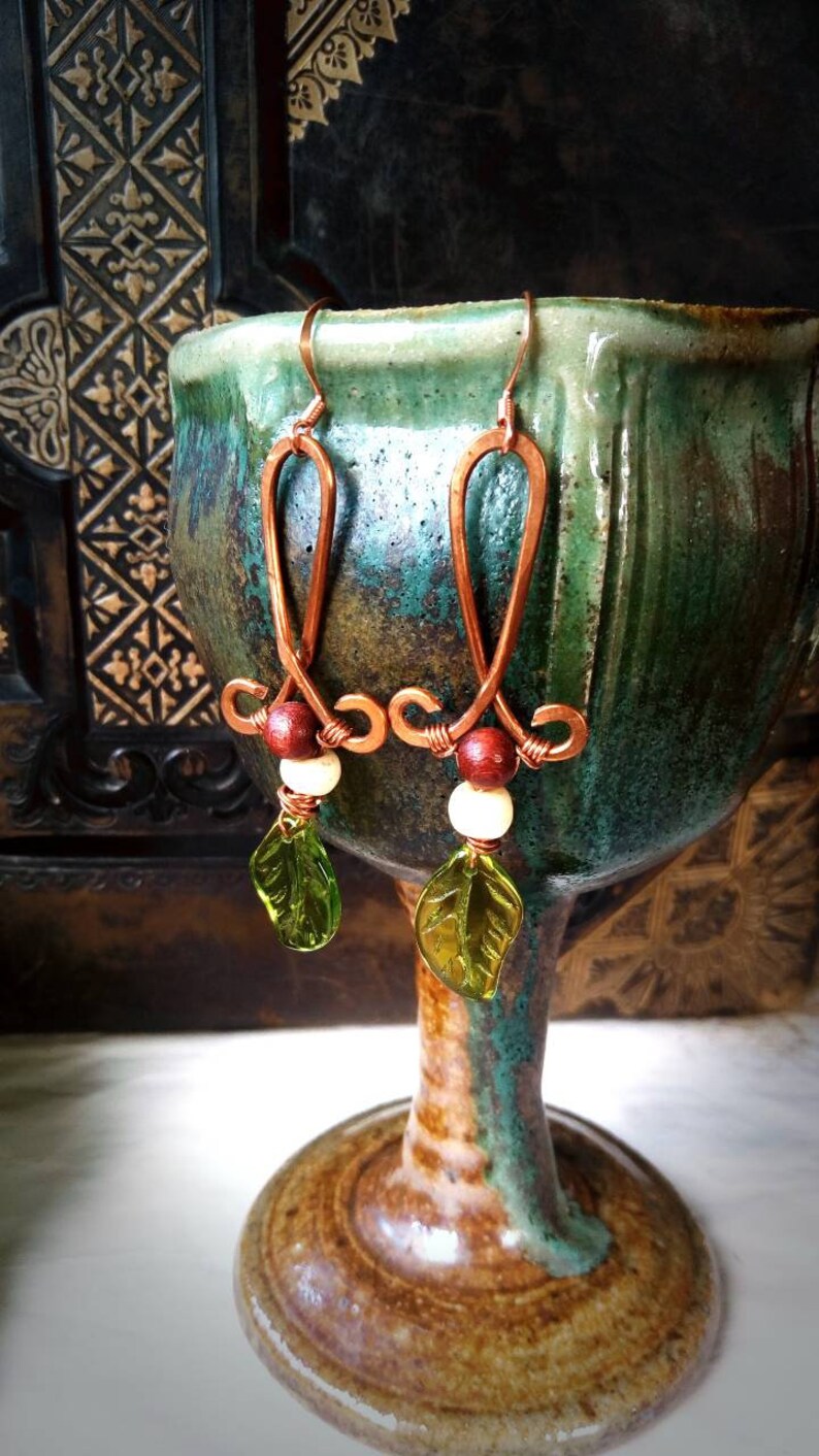 Bone Detail Balance Leaf Upcycled Boho Brass Wood Earrings