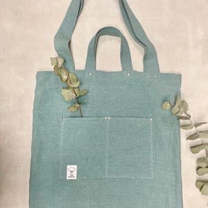 Large linen shopping bag, Bag with pockets, Oversized linen tote bag, Linen market bag, Reusable grocery bag, Big linen tote, Padded handles