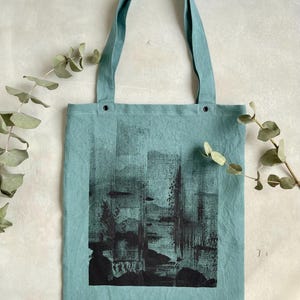 Hand-Painted Abstract Linen Tote Bag: Dusty Teal Eco-Friendly Shopper