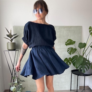 Mini high waisted skirt, Blue linen skirt, Mini linen skirt, Casual summer skirt, Elastic waist skirt, Loose fit skirt, Sustainable fashion