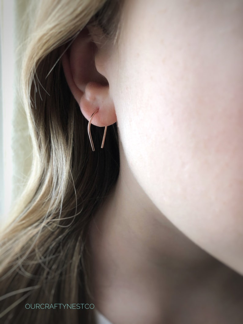 HORSESHOE Earrings, ROSE GOLD U Earrings, Arc Hoop, Open Hoop, Small Dainty Hoops, Hammered Wire, Minimalist Jewelry, Ear Wire, Gift for Her image 1