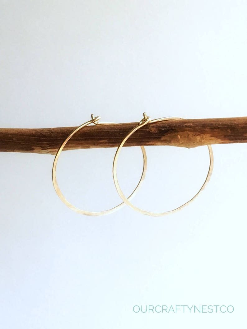 Hammered ROUND HOOPS, GOLD Earrings, Hammered Wire, Minimalist Jewelry, Ear Wire, Gift for Her, 1 inch hoop, Modern Earrings, Hobo Hoops image 7