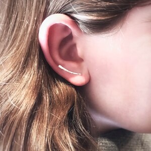 Puede incluir: Un pendiente de aro de plata para la oreja superior. El pendiente es una fina barra curva.