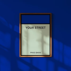 Póster de tarjeta de propiedad de Monopoly personalizado, nombre de calle personalizado, precio personalizado, arte de pared de color personalizado, juego de mesa inspirado en regalo para él y para ella