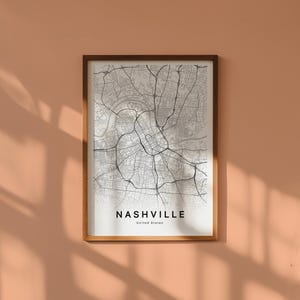 Carte Nashville Tennessee Téléchargement Numérique Plan Ville Imprimable Affiche Carte Noir et Blanc Déco Murale Minimaliste Moderne