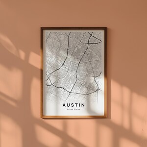 Carte Austin Texas Téléchargement Numérique Affiche Plan Ville Imprimable Carte Rue Noir et Blanc Déco Murale Minimaliste