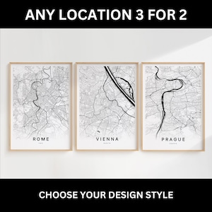 Set de 3 Cartes Personnalisées Téléchargement Numérique Plan Ville Affiche Carte Noir et Blanc Moderne Déco Murale Minimaliste Imprimable