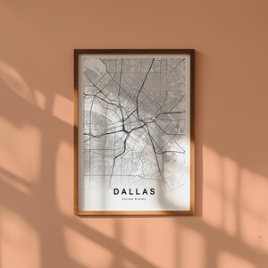 Carte Dallas Texas Téléchargement Numérique Plan Ville Imprimable Affiche Carte Noir et Blanc Déco Murale Minimaliste Moderne