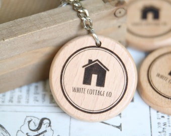Wood Logo Keychain, Small Keychain gift, White Cottage Company Keychain, stocking stuffer for her, rustic wood keychain, small gift idea