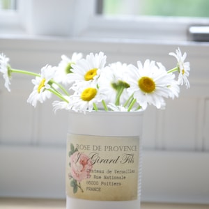 May include: A white ceramic vase with a label that reads "ROSE DE PROVENCE I. Girard Fils Chateau de Versailles 17 Rue Nationale 86000 Poitiers FRANCE" filled with white daisies.