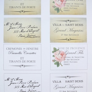 May include: Six vintage-style labels with text in French and English. The labels are for a variety of products, including window hardware, a rose-scented product, and a shop called "Grand Magasin's".