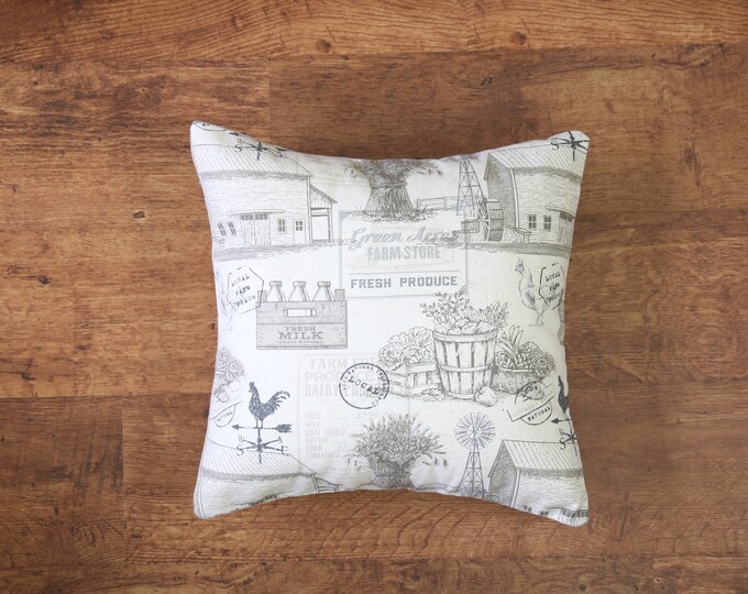 Farmhouse Pillow Cover, 18x18 Throw Pillow, Neutral Farm Print Cushion