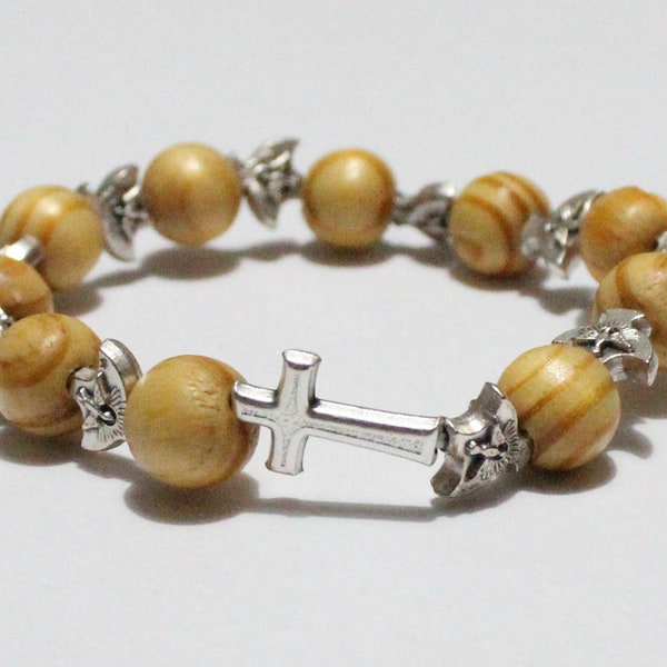 Holy Dove Silver Tone Medal Stretchy Bracelet with Cross and Wood Beads, holydovebracelet, holy ghost, dove, beads in shape of dove, spirit