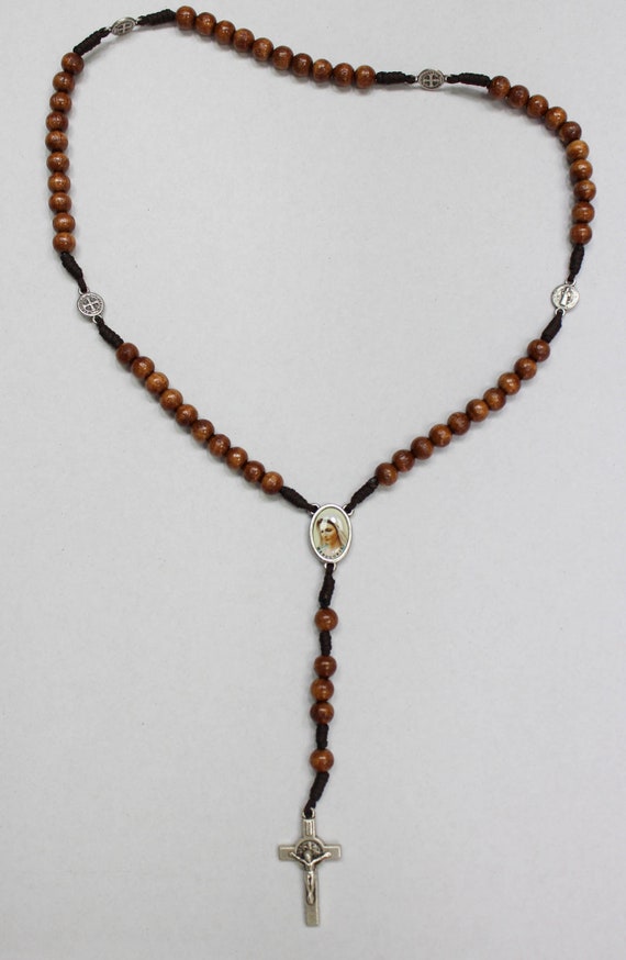 Wood Beads Rosary on Cord With Metal Virgin Mary Medal Metal Cross