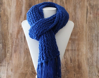 Knitted Con Amor - Royal Blue Hand Knitted Scarf - Knit Scarf, Wrap Scarf, Women's Scarf, Fringed Scarf, Handmade, Unisex Scarf, OOAK (104)