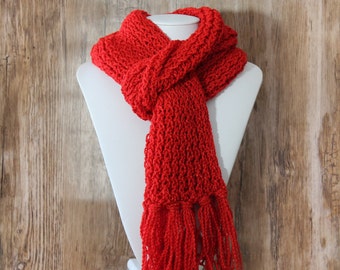 Knitted Con Amor - Red Hand Knitted Scarf with Metallic Thread - Knit Scarf, Women's Scarf, Fringed Scarf, Handmade, OOAK (127)