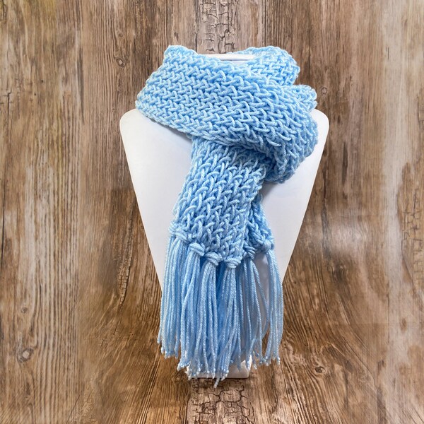 Knitted Con Amor - Light Blue Hand Knitted Scarf - Knit Scarf, Wrap Scarf, Women's Scarf, Fringed Scarf, Handmade, Unisex Scarf (180)