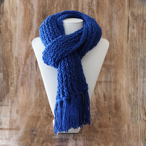 Knitted Con Amor - Royal Blue Hand Knitted Scarf - Knit Scarf, Wrap Scarf, Women's Scarf, Fringed Scarf, Handmade, Unisex Scarf, OOAK (104)