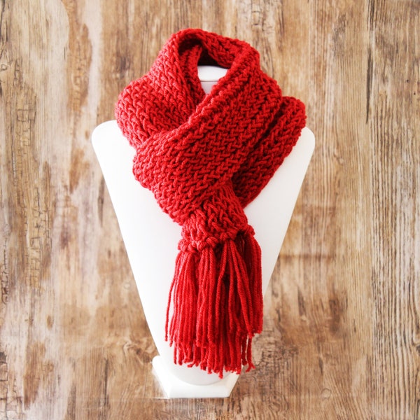 Knitted Con Amor - Cherry Red Hand Knitted Scarf - Knit Scarf, Wrap Scarf, Women's Scarf, Fringed Scarf, Handmade, Unisex Scarf (167)